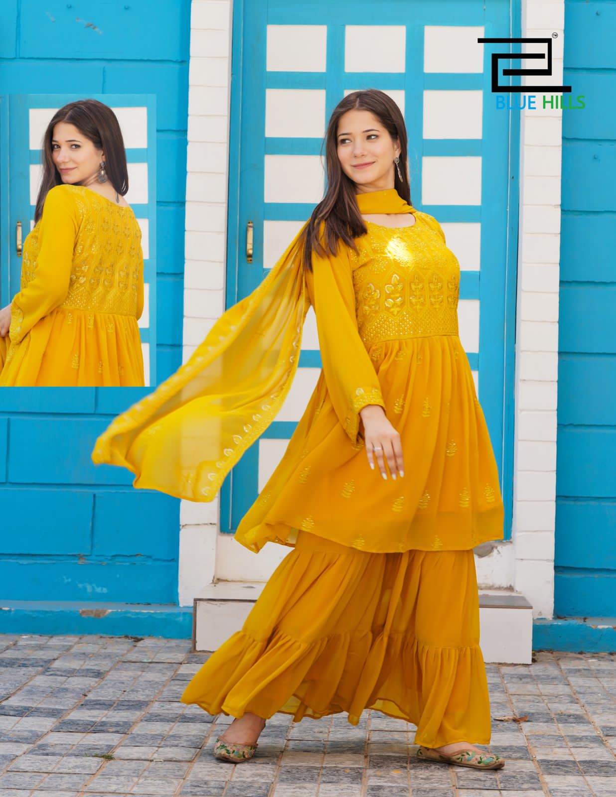 Orange Pink Fancy Wear Georgette Sharara Suit Designer Suits Shopindiapparels.com