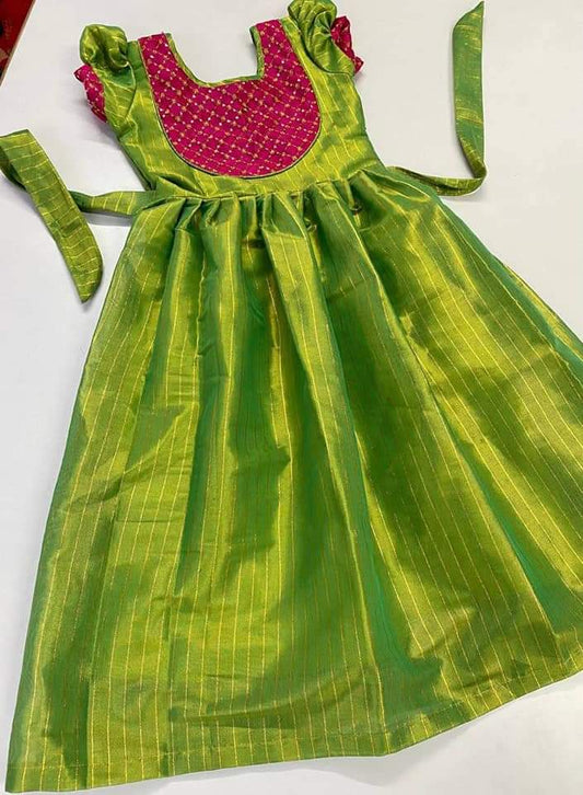 Parrot Green Designer Kid's Uppada Cotton Gown with Embroidery Work Kid's Gown Shopindiapparels.com