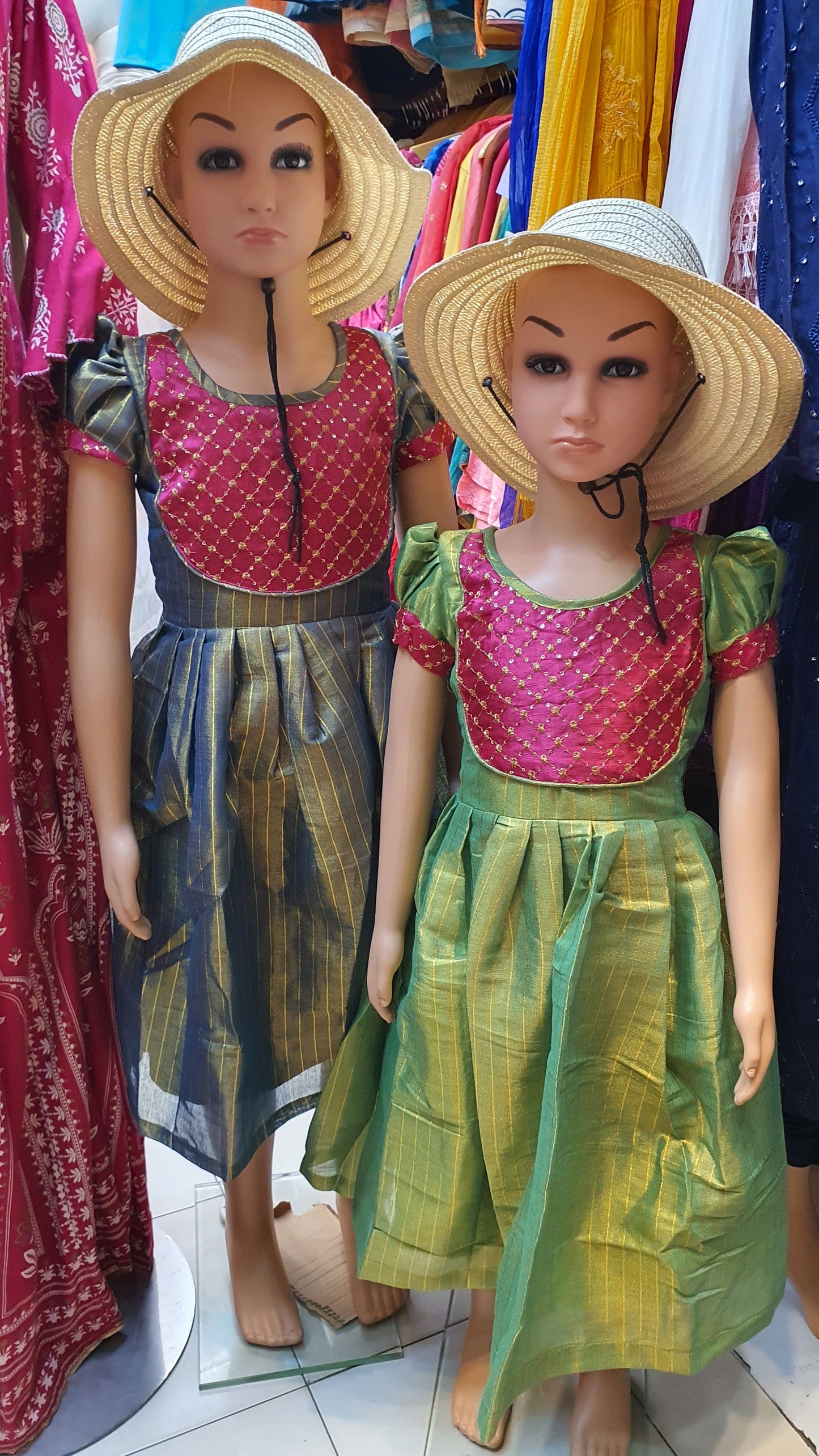 Parrot Green Designer Kid's Uppada Cotton Gown with Embroidery Work Kid's Gown Shopindiapparels.com