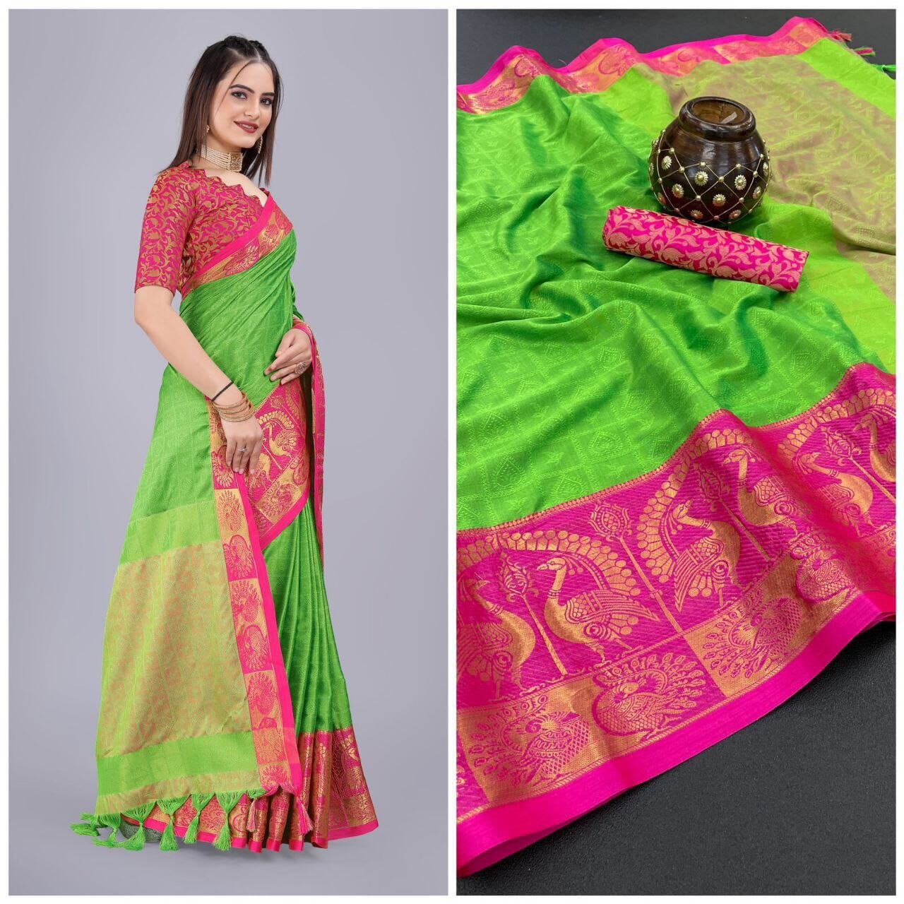 Parrot Green Pink Cotton Silk Saree with Jacquard Blouse Silk Cotton Saree Shopin Di Apparels