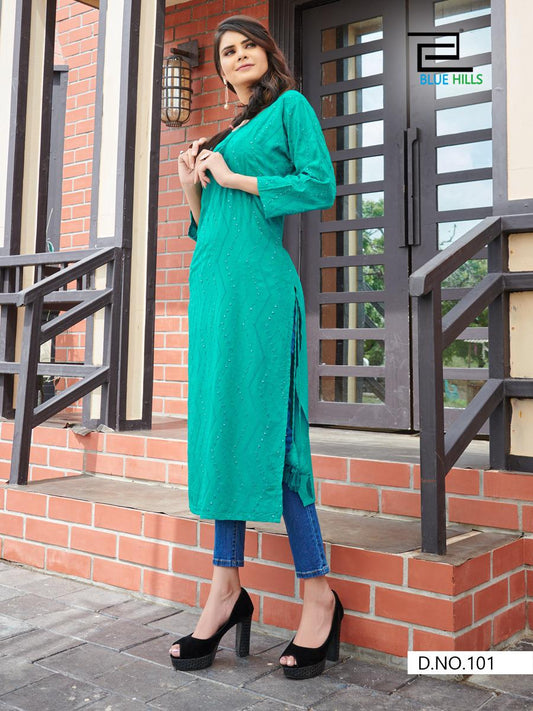 Peacock Blue Plus Size Plain Kurti with lucknow work Shopindiapparels.com