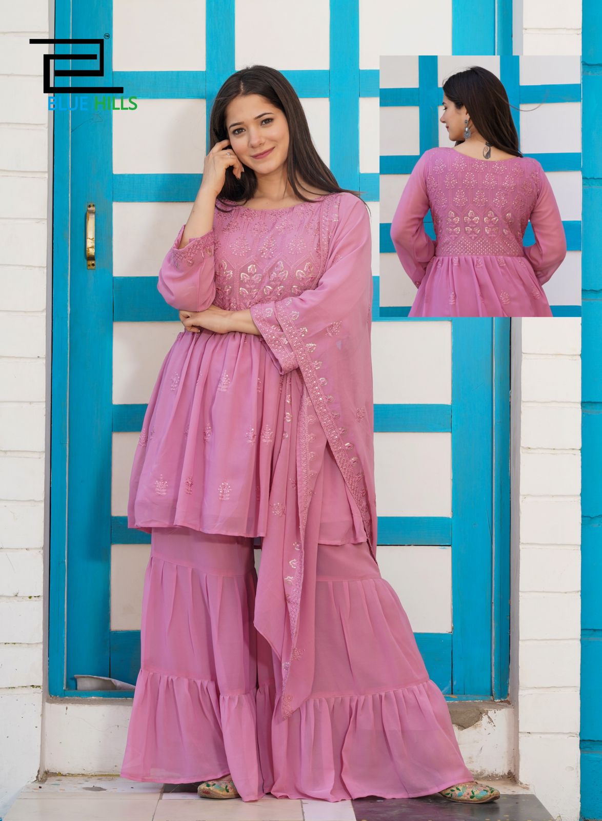 Pink Fancy Wear Georgette Sharara Suit Designer Suits Shopindiapparels.com