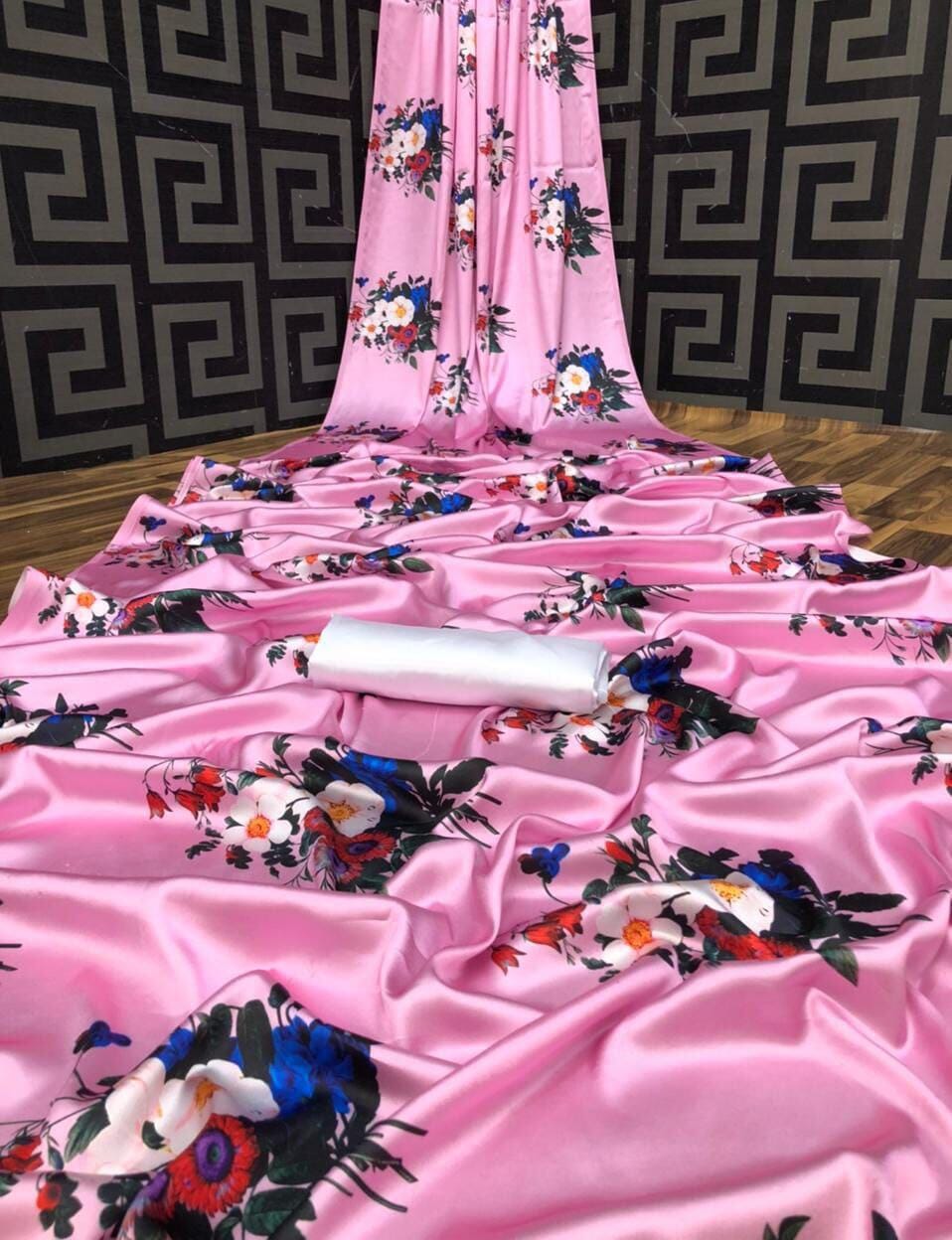 Pink Floral Digital printed Japan Satin Saree with Satin Blouse Satin Saree Shopin Di Apparels