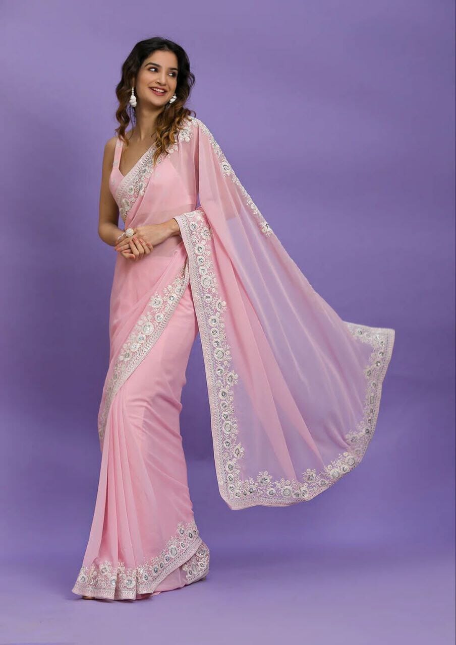 Pink Georgette embroidered Saree Shopin Di Apparels