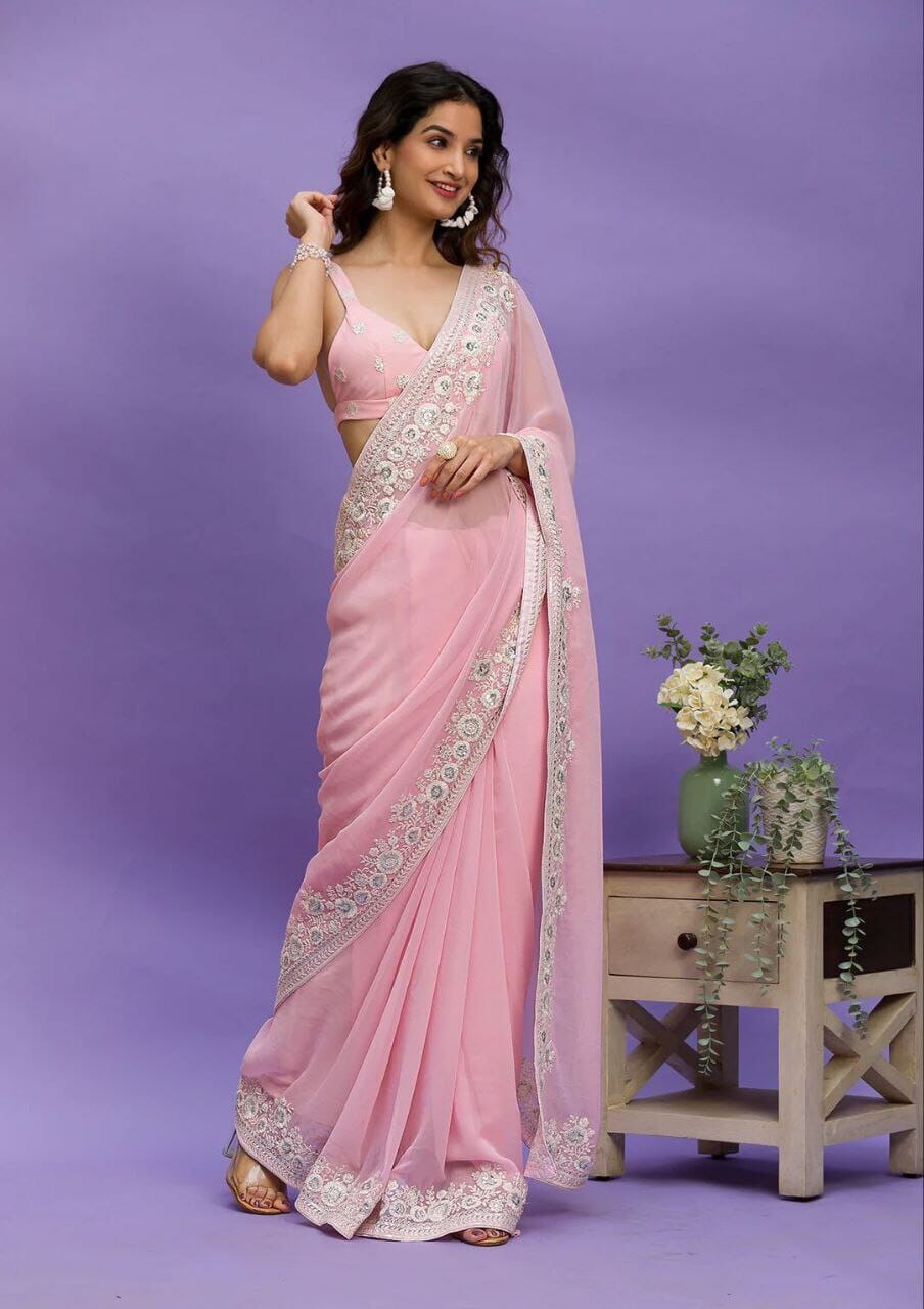 Pink Georgette embroidered Saree Shopin Di Apparels