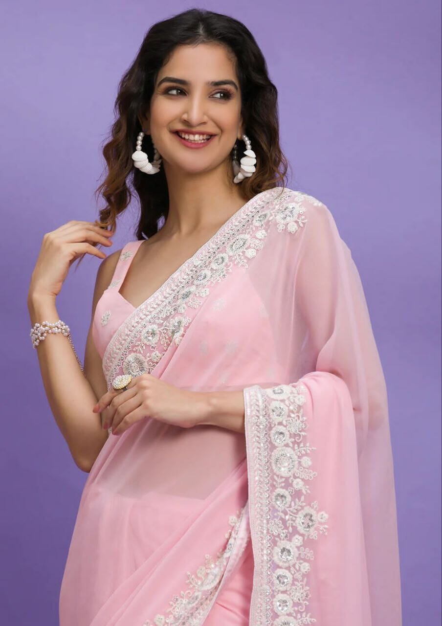 Pink Georgette embroidered Saree Shopin Di Apparels