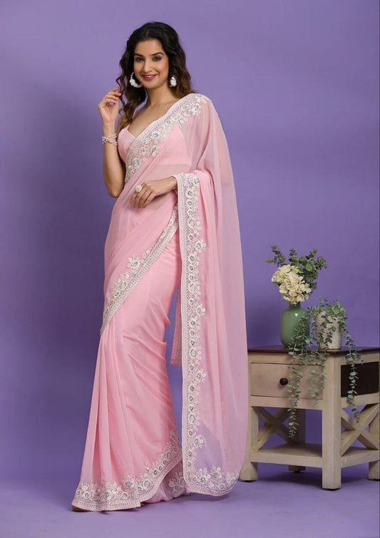 Pink Georgette embroidered Saree Shopin Di Apparels