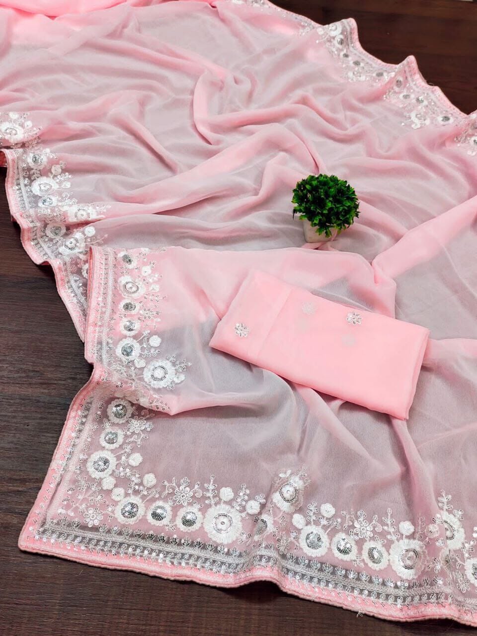 Pink Georgette embroidered Saree Shopin Di Apparels