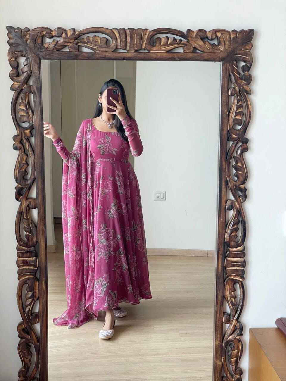 Pink Georgette Floral Printed Maxi Gown with Dupatta Gown shopindi.sg