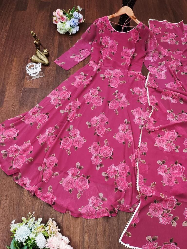 Pink Georgette Floral Printed Maxi Gown with Dupatta Gown shopindi.sg