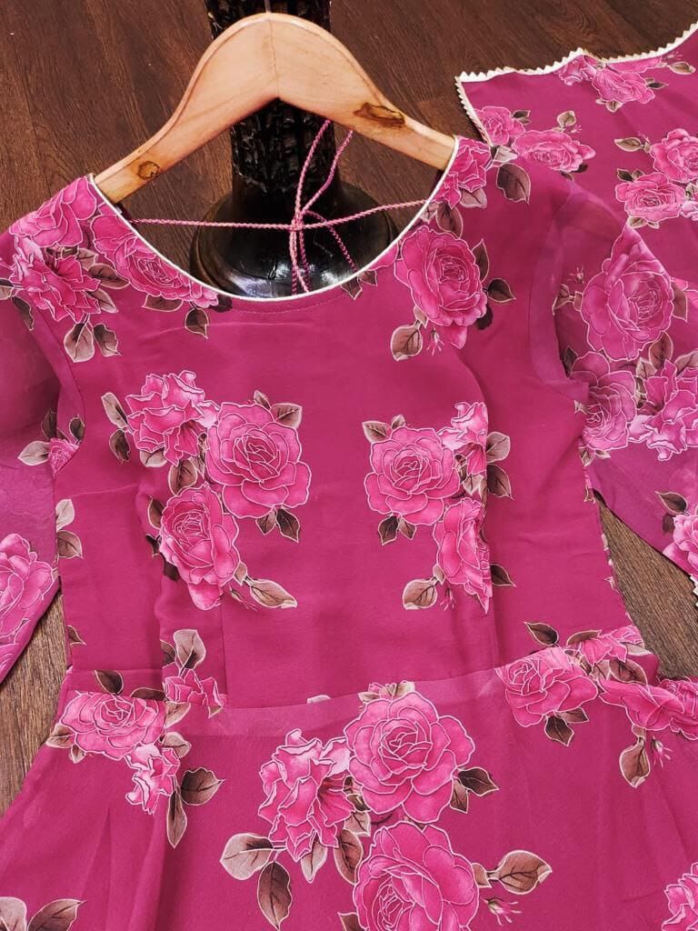 Pink Georgette Floral Printed Maxi Gown with Dupatta Gown shopindi.sg