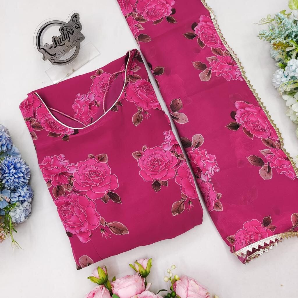 Pink Georgette Floral Printed Maxi Gown with Dupatta Gown shopindi.sg