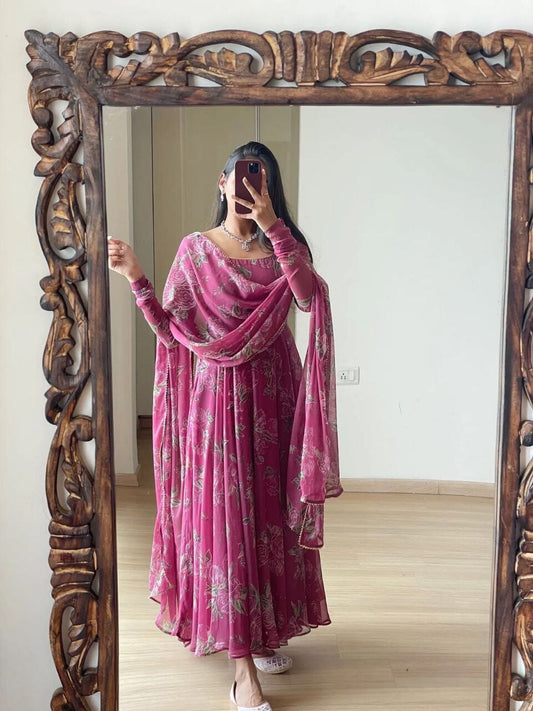 Pink Georgette Floral Printed Maxi Gown with Dupatta Gown shopindi.sg