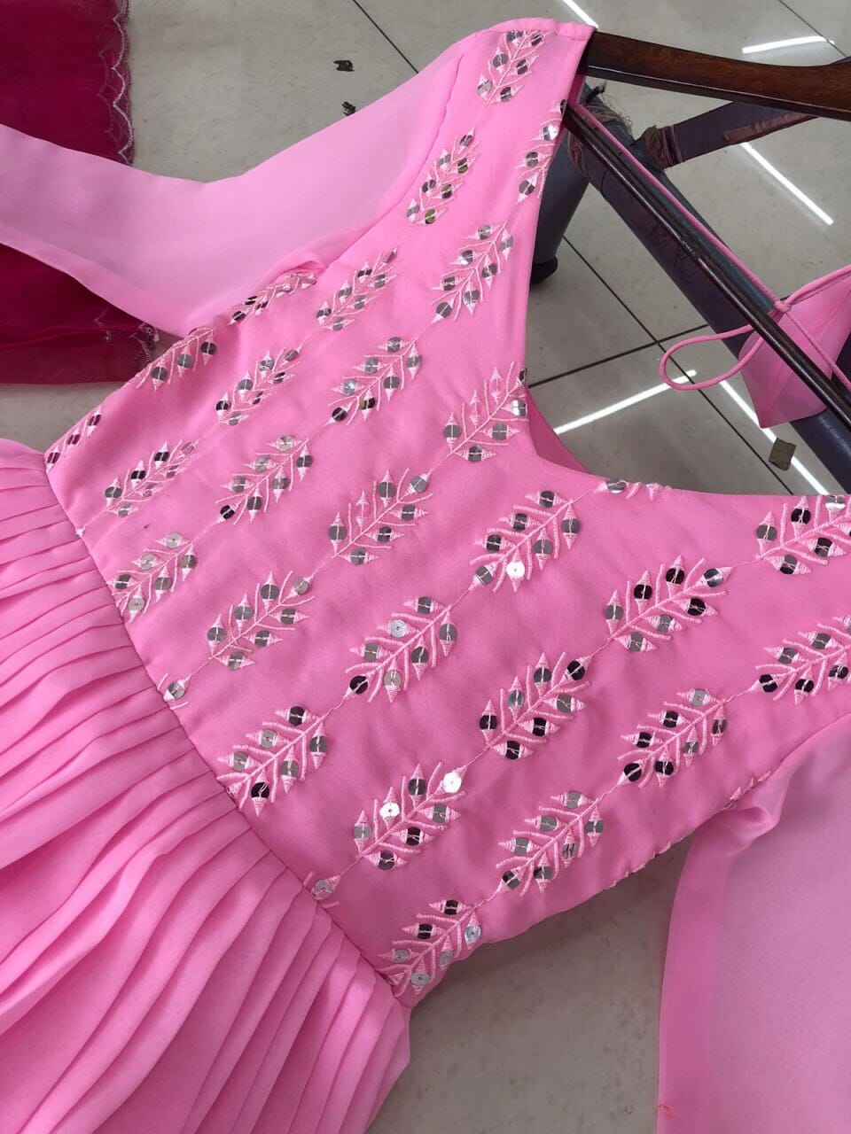 Pink Georgette Real Mirror Work Embroidered Gown with Dupatta Gown with Dupatta Shopin Di Apparels