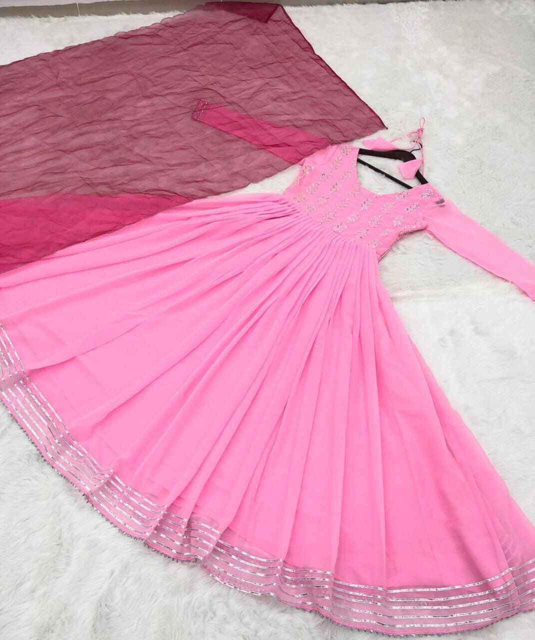 Pink Georgette Real Mirror Work Embroidered Gown with Dupatta Gown with Dupatta Shopin Di Apparels