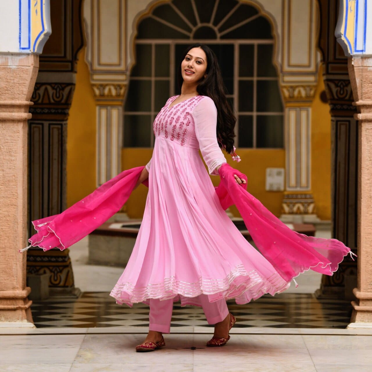 Pink Georgette Real Mirror Work Embroidered Gown with Dupatta Gown with Dupatta Shopin Di Apparels
