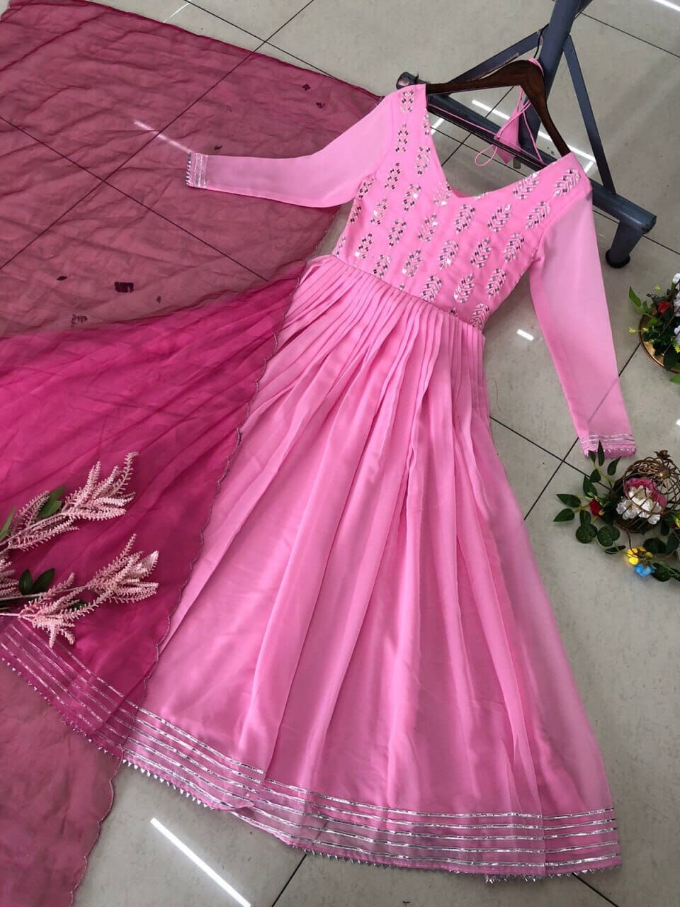 Pink Georgette Real Mirror Work Embroidered Gown with Dupatta Gown with Dupatta Shopin Di Apparels