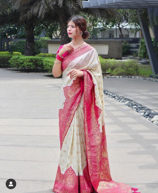 Pink White Soft Lichi Silk Saree shopindi.sg