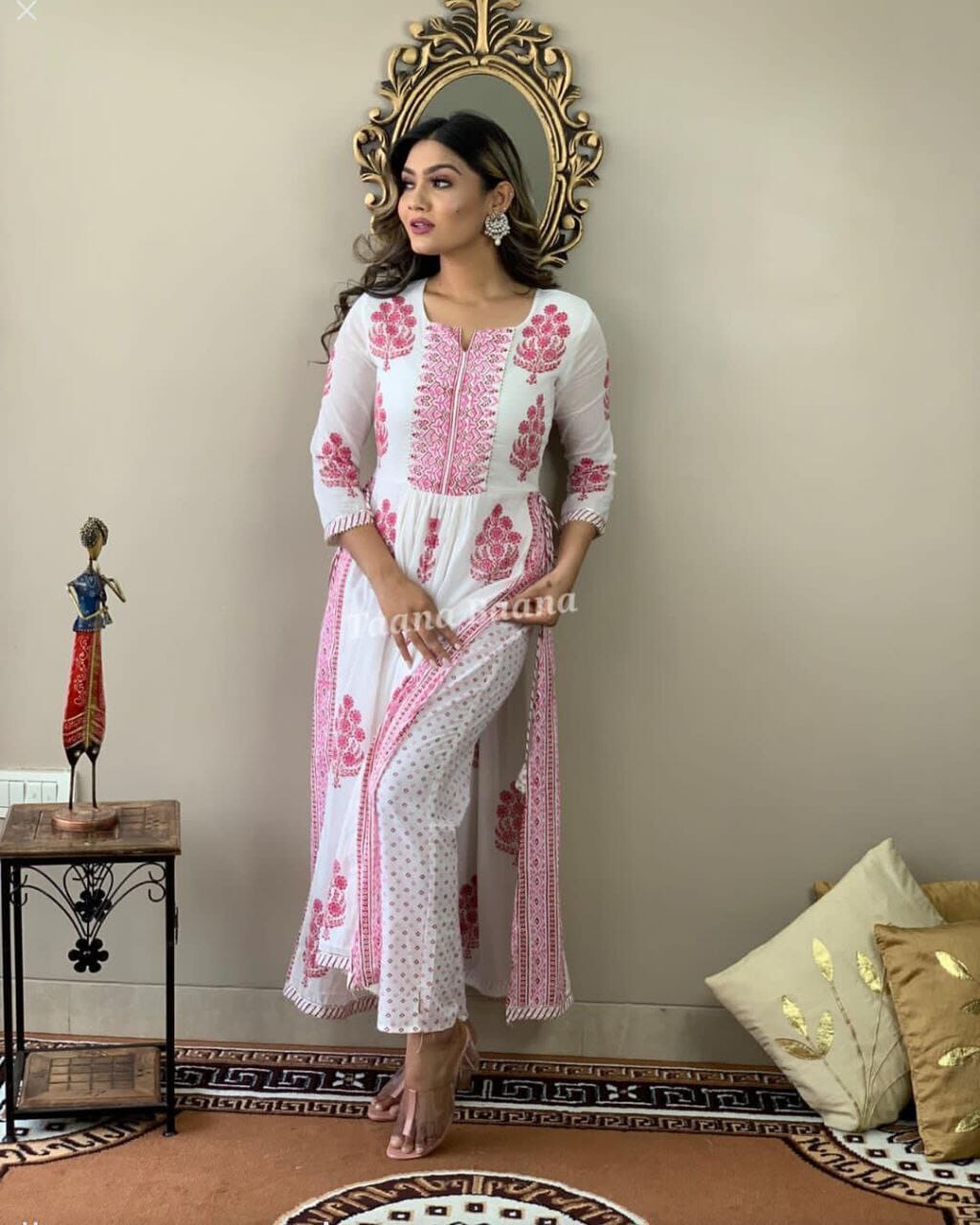 Pinky White Printed & Gotta work Rayon Kurti with Plazzo Pant Set Kurti with plazzo Shopin Di Apparels