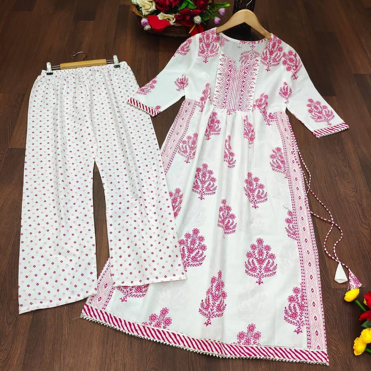 Pinky White Printed & Gotta work Rayon Kurti with Plazzo Pant Set Kurti with plazzo Shopin Di Apparels