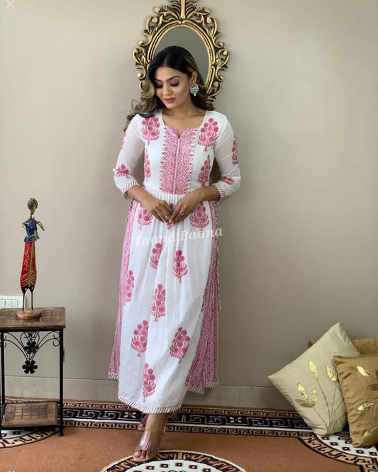 Pinky White Printed & Gotta work Rayon Kurti with Plazzo Pant Set Kurti with plazzo Shopin Di Apparels