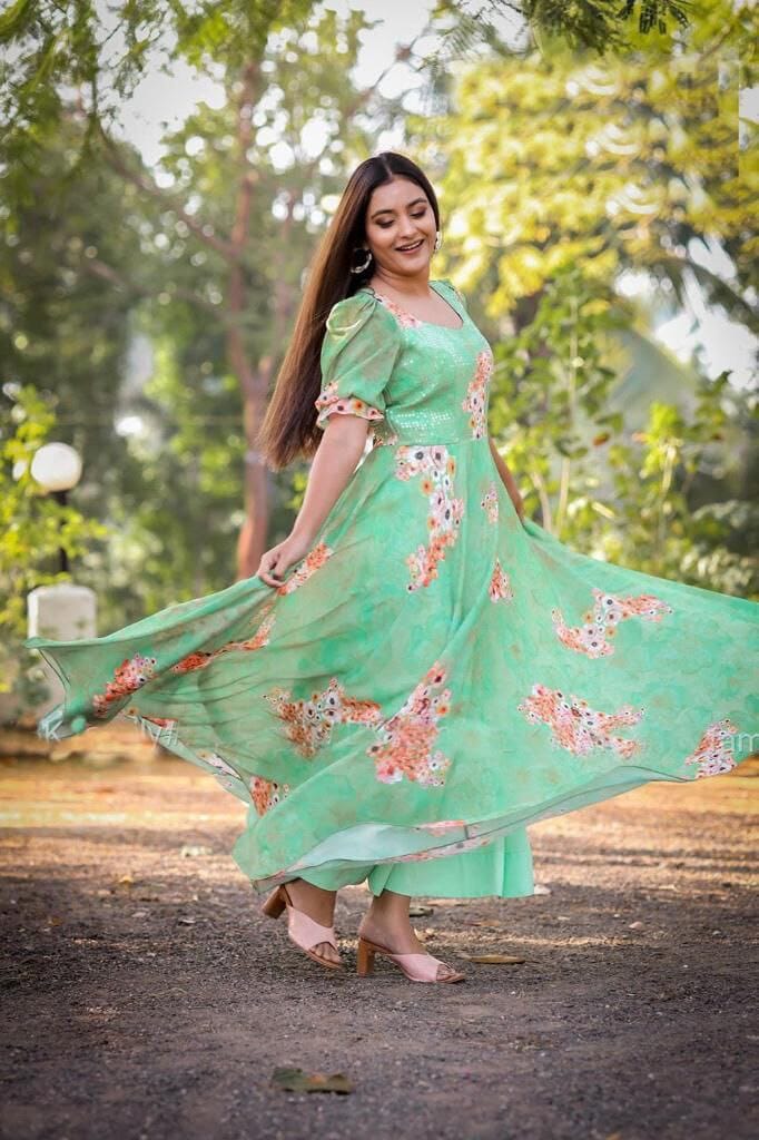 Pista Green Digital Printed Georgette Gown Gown shopindi.sg