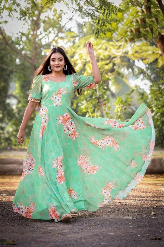 Pista Green Digital Printed Georgette Gown Gown shopindi.sg