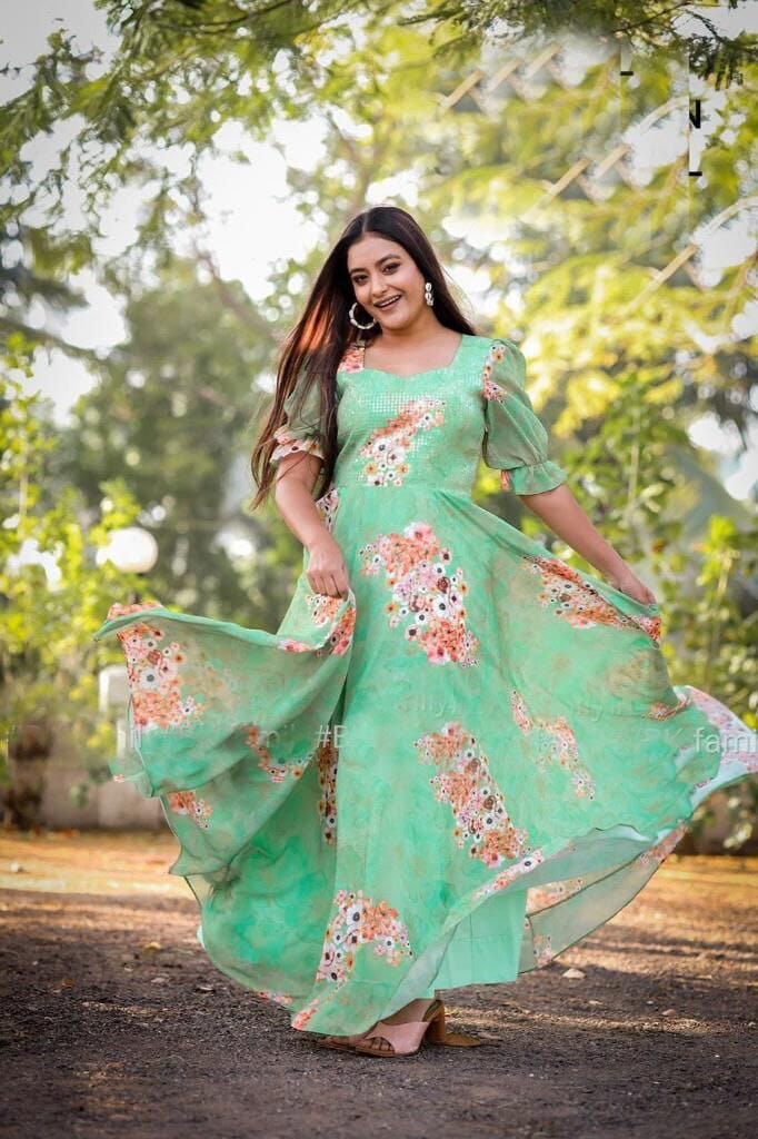 Pista Green Digital Printed Georgette Gown Gown shopindi.sg