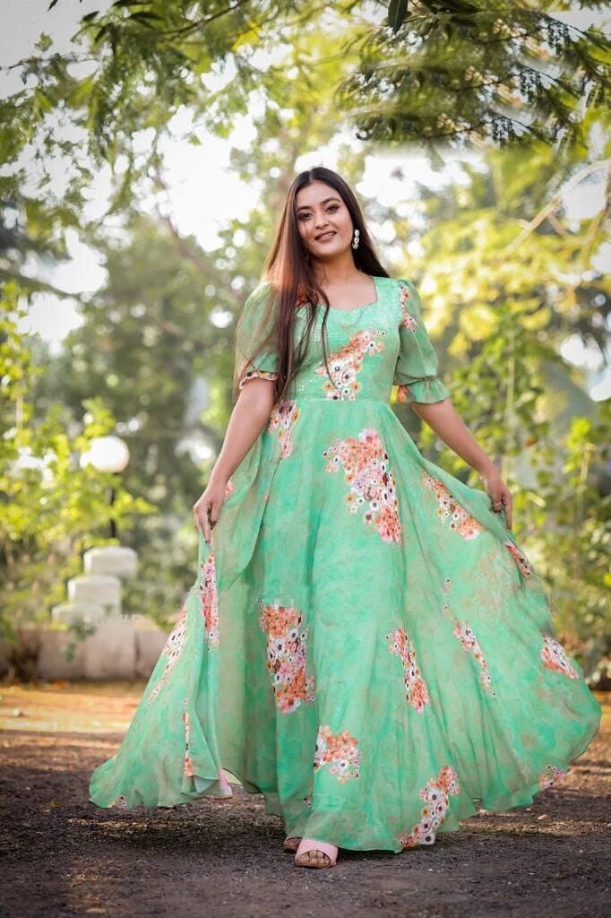 Pista Green Digital Printed Georgette Gown Gown shopindi.sg