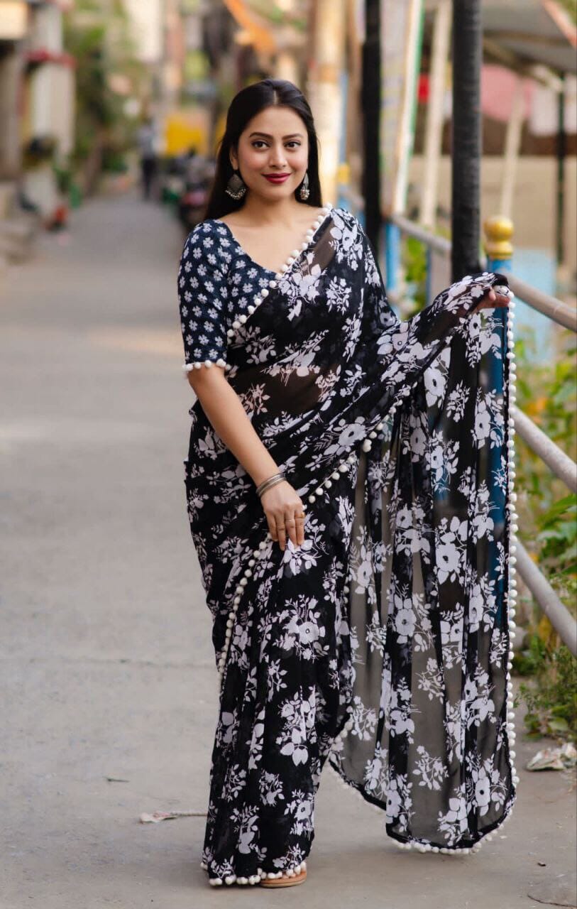 Pom Pom Georgette White Floral Printed Saree in 5 colors Designer Saree Shopin Di Apparels
