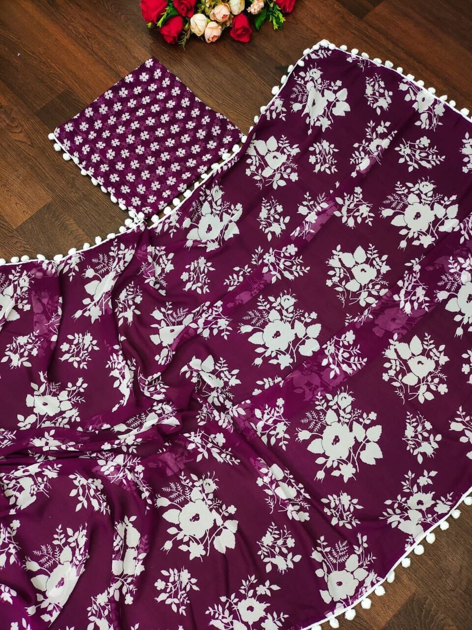 Pom Pom Georgette White Floral Printed Saree in 5 colors Designer Saree Shopin Di Apparels