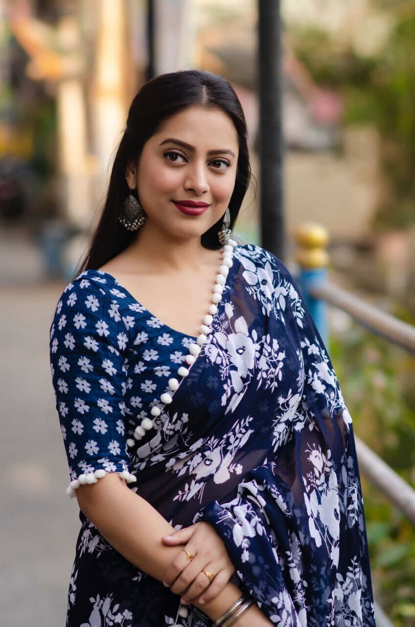 Pom Pom Georgette White Floral Printed Saree in 5 colors Designer Saree Shopin Di Apparels Blue