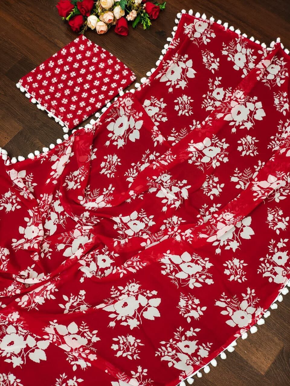 Pom Pom Georgette White Floral Printed Saree in 5 colors Designer Saree Shopin Di Apparels