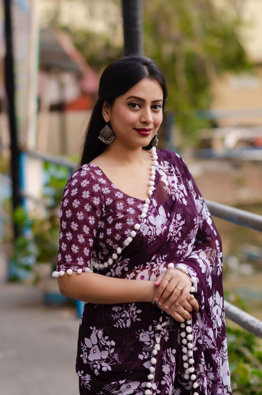 Pom Pom Georgette White Floral Printed Saree in 5 colors Designer Saree Shopin Di Apparels Purple