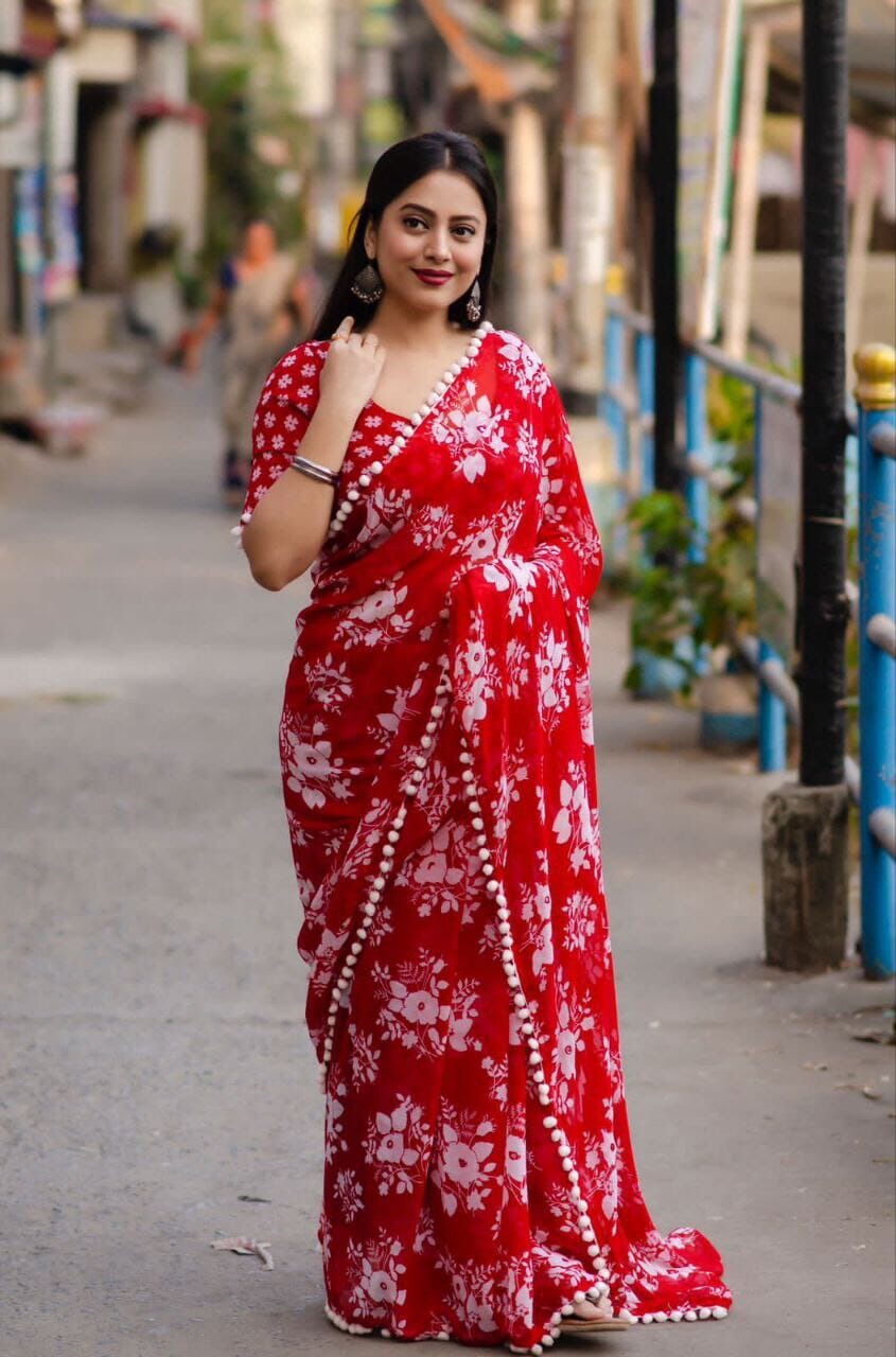Pom Pom Georgette White Floral Printed Saree in 5 colors Designer Saree Shopin Di Apparels