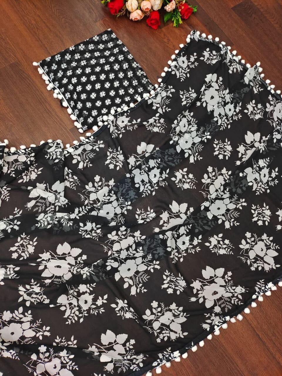 Pom Pom Georgette White Floral Printed Saree in 5 colors Designer Saree Shopin Di Apparels