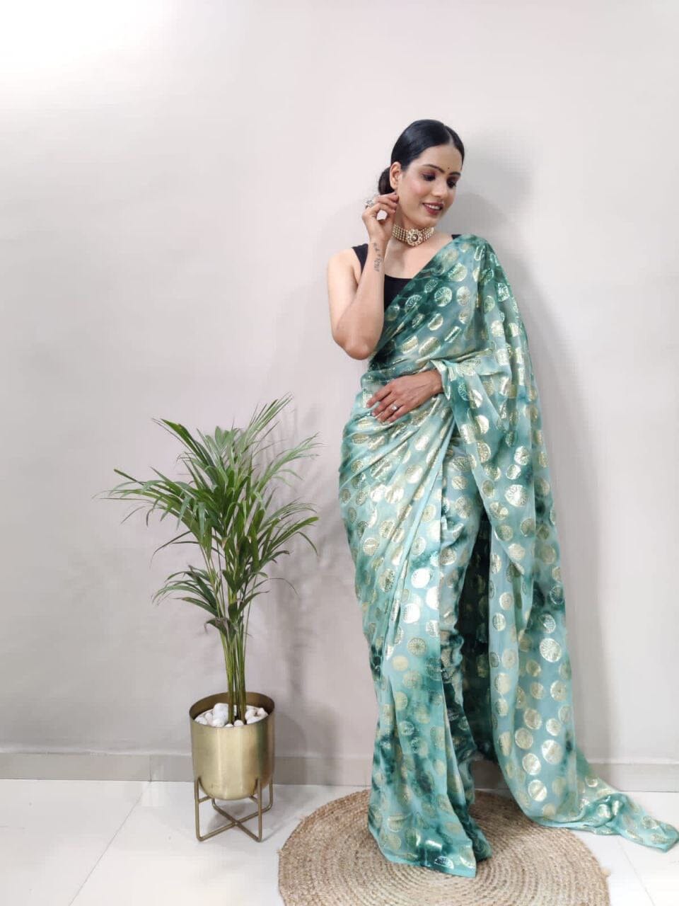 Premium Georgette Sona Chandi work Ready to Wear Green Saree Ready to Wear Saree Shopin Di Apparels