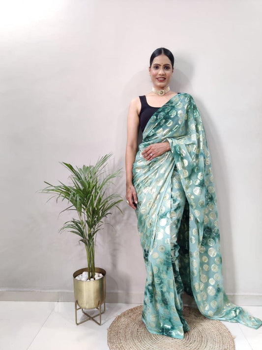 Premium Georgette Sona Chandi work Ready to Wear Green Saree Ready to Wear Saree Shopin Di Apparels