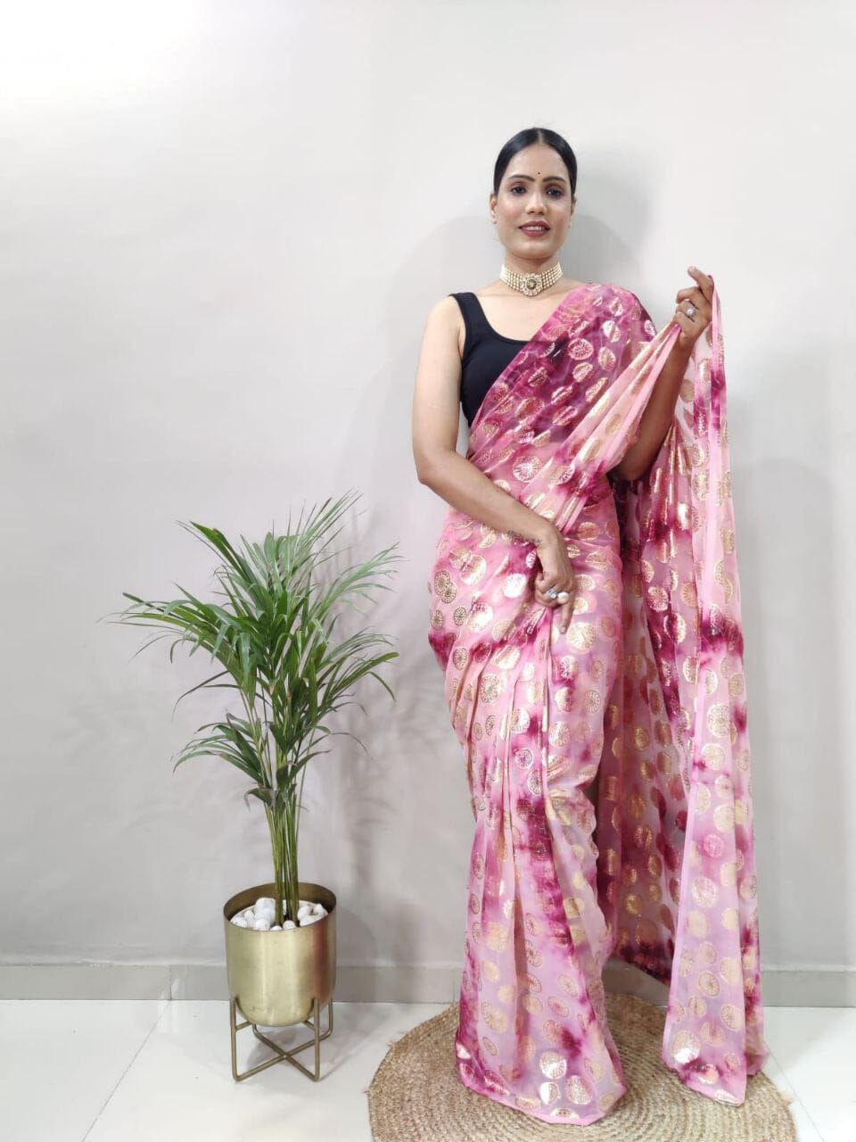 Premium Georgette Sona Chandi work Ready to Wear Pink Saree Ready to Wear Saree Shopin Di Apparels