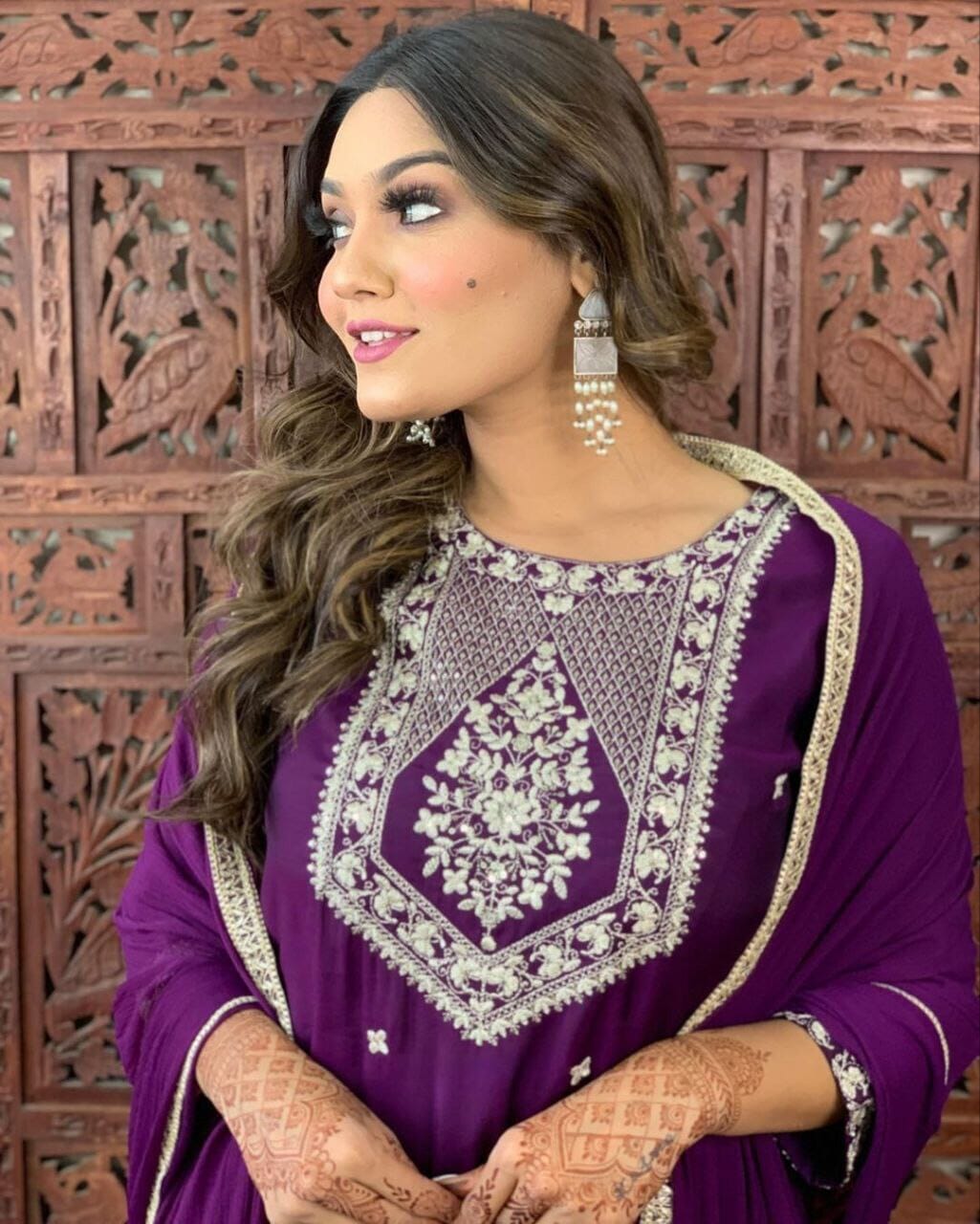 Purple Embroidered Kurti with Dupatta and Plazzo Kurti with Dupatta and Bottom shopindi.sg