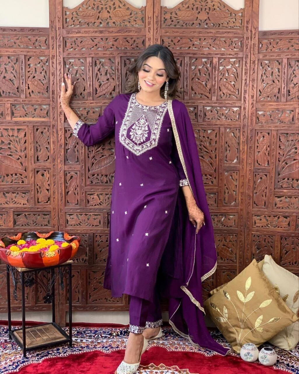 Purple Embroidered Kurti with Dupatta and Plazzo Kurti with Dupatta and Bottom shopindi.sg