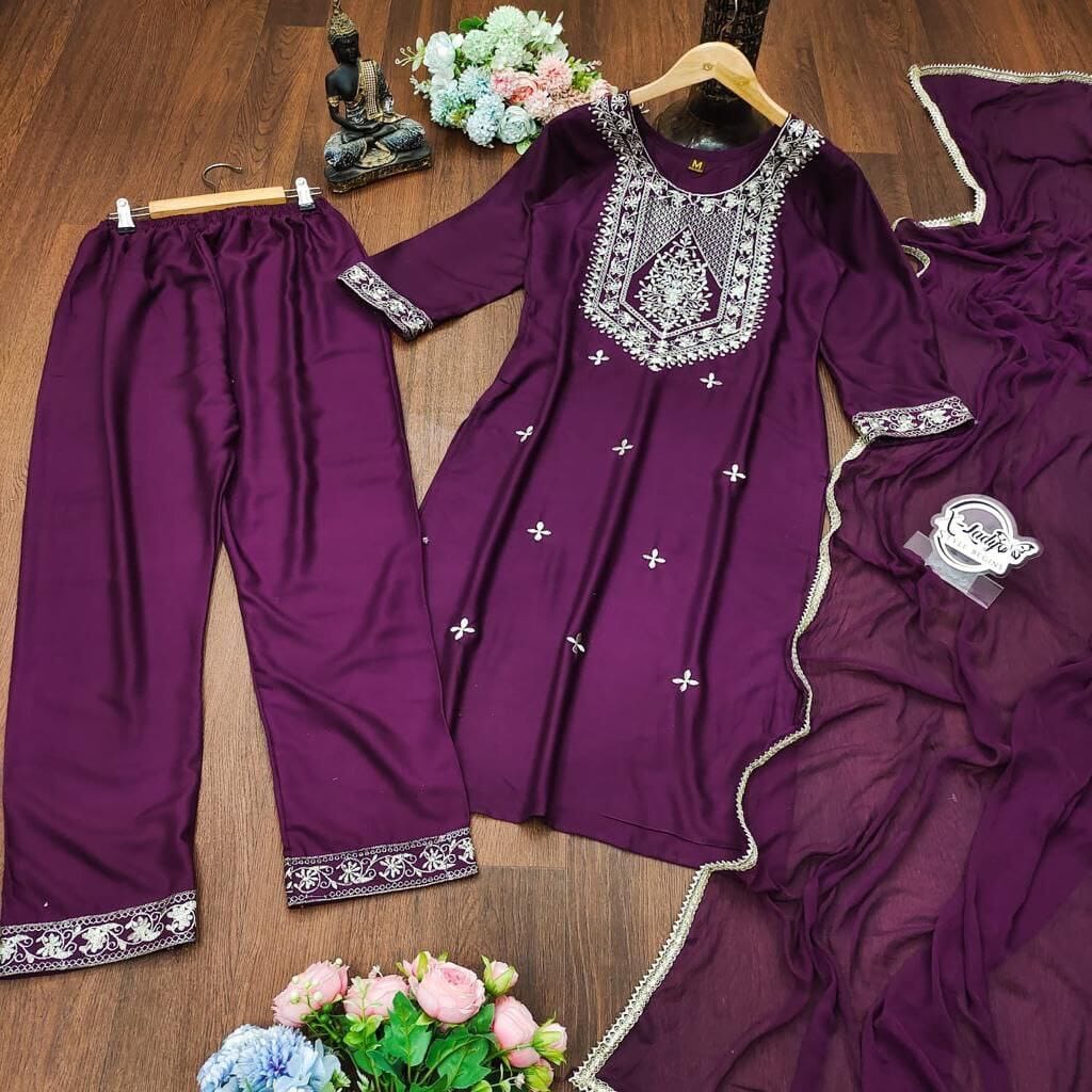 Purple Embroidered Kurti with Dupatta and Plazzo Kurti with Dupatta and Bottom shopindi.sg