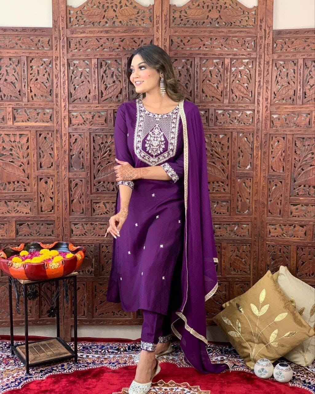 Purple Embroidered Kurti with Dupatta and Plazzo Kurti with Dupatta and Bottom shopindi.sg
