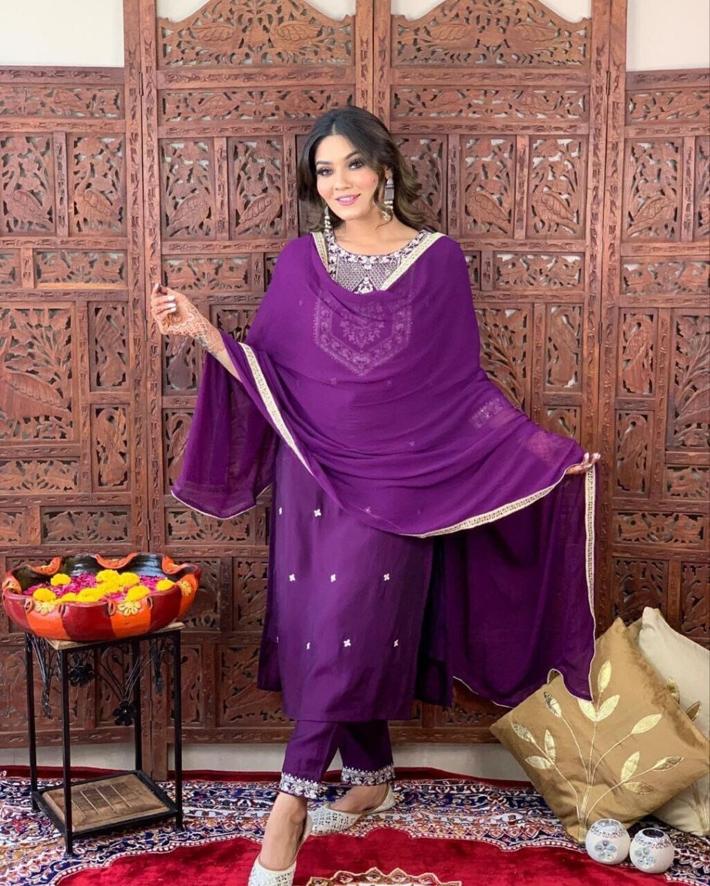 Purple Embroidered Kurti with Dupatta and Plazzo Kurti with Dupatta and Bottom shopindi.sg