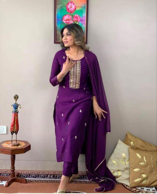 Purple Embroidered Kurti with Dupatta and Plazzo in 4 colours Kurti with Dupatta and Bottom shopindi.sg