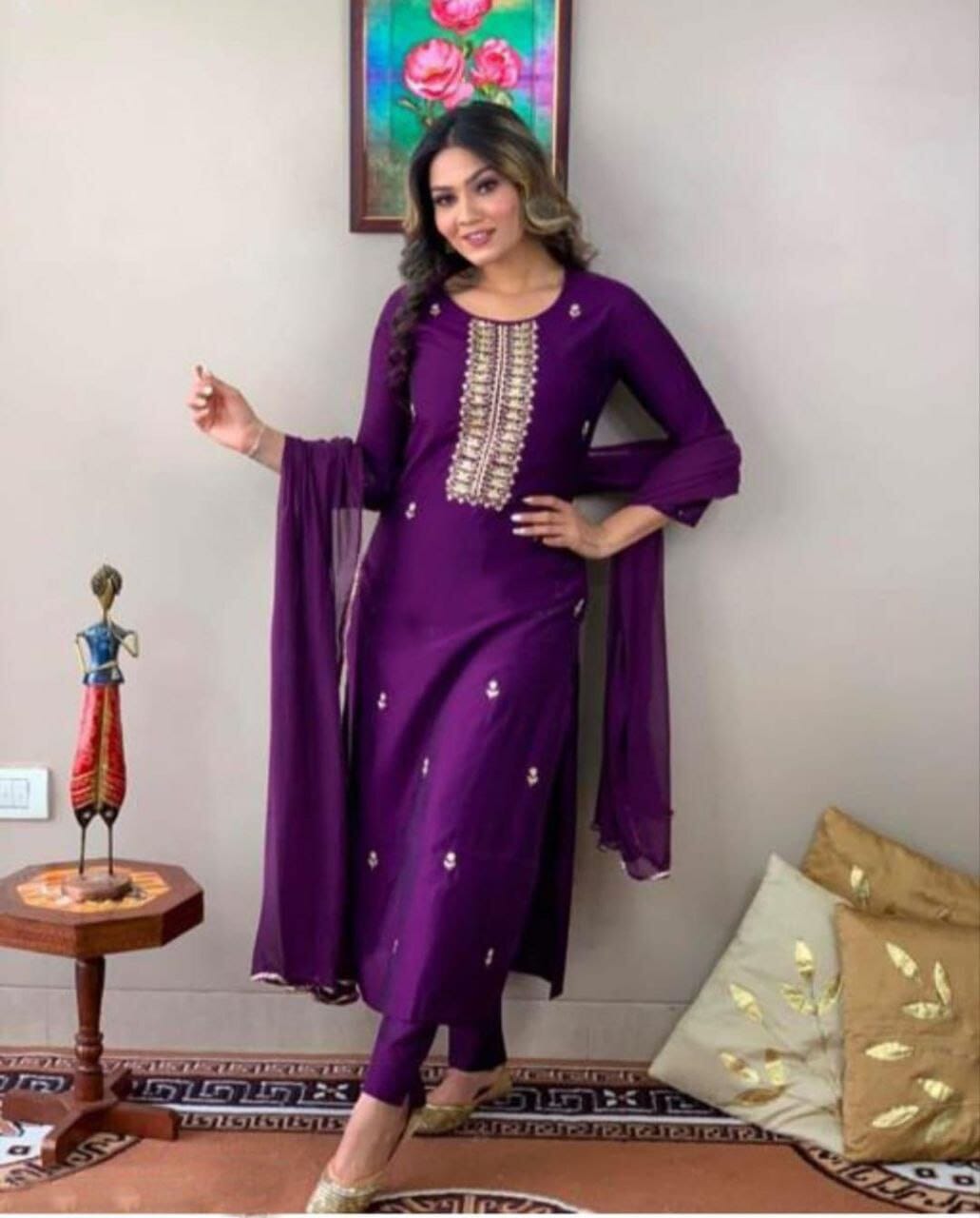 Purple Embroidered Kurti with Dupatta and Plazzo in 4 colours Kurti with Dupatta and Bottom shopindi.sg