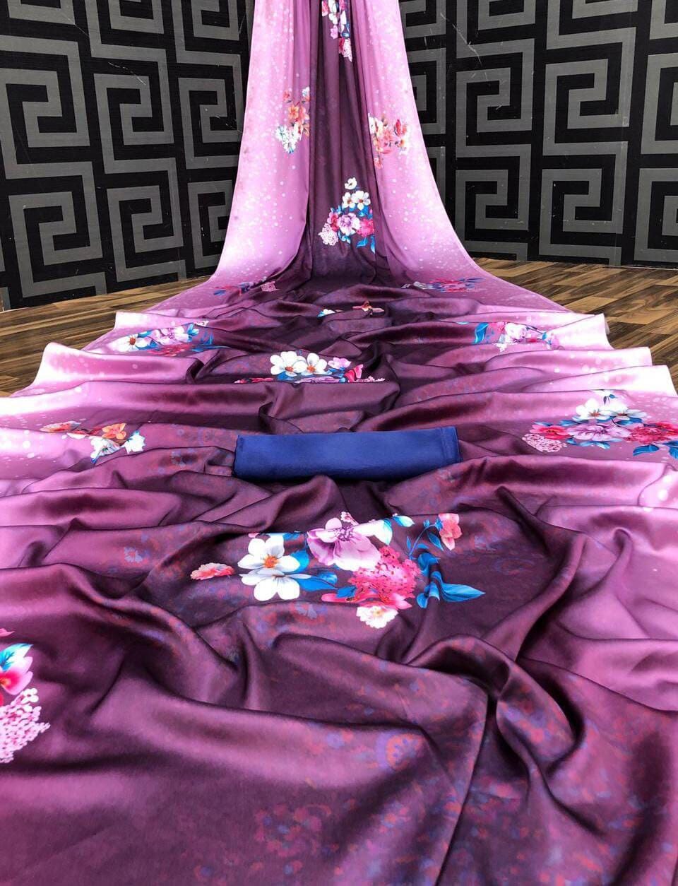 Purple Floral Digital printed Japan Satin Saree with Satin Blouse Satin Saree Shopin Di Apparels