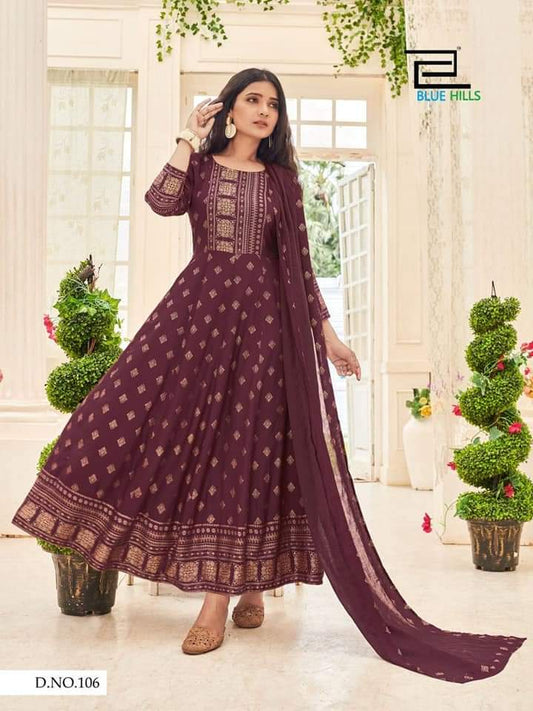 Purple Rayon Gold Printed Anarkali with Dupatta Kurti & Dupatta Blue Hills