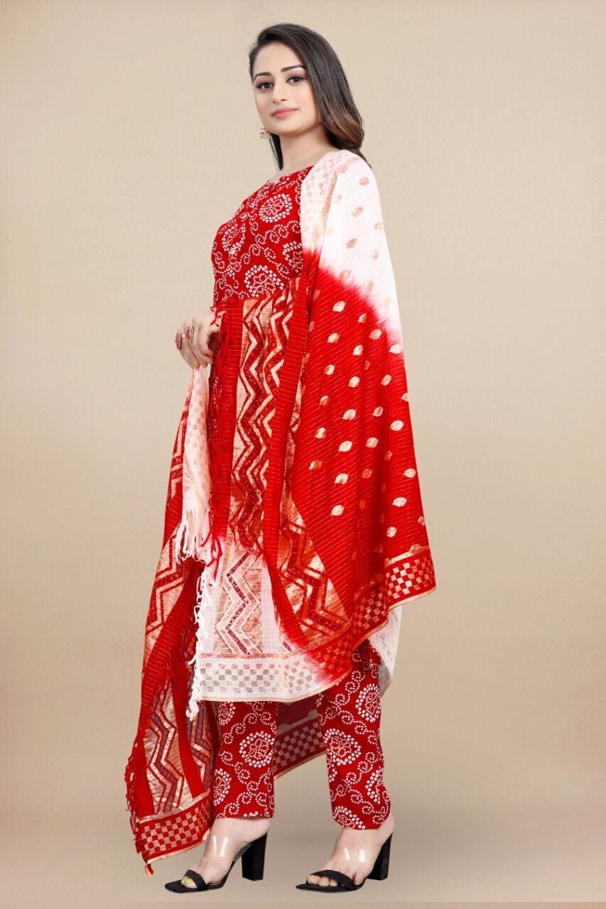 Red Bandhani Printed Rayon Straight Cut Suit Designer Suits shopindi.sg