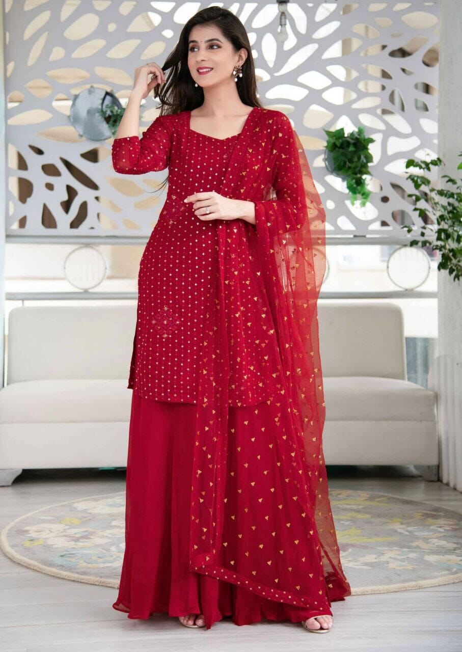 Red Georgette Sequence Kurti with dupatta and bottom Kurti with Dupatta and Bottom Shopin Di Apparels